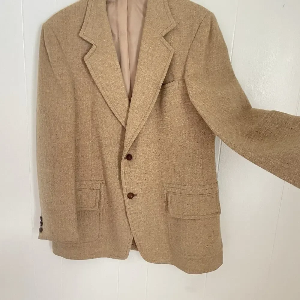 Vintage 70s Wool Tweed Camel Sport Coat 43L Long Notch Lapel 2-Button Jacket‎